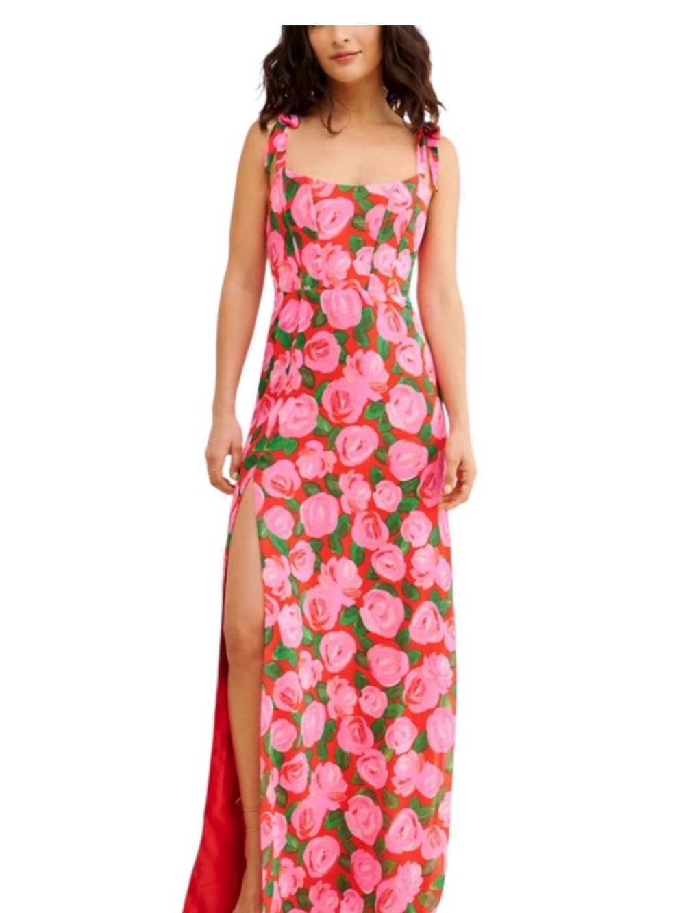 Show Me Your MuMu Pink Rose Print Maxi Dress with Green Leaves and Side Slit